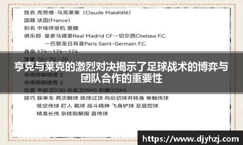 亨克与莱克的激烈对决揭示了足球战术的博弈与团队合作的重要性